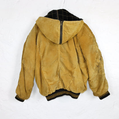 Vintage 80s 90s DINOZ suede jacket bomber jacket shoulder pads hood beige 40