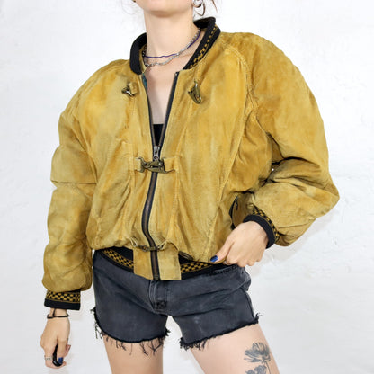 Vintage 80s 90s DINOZ suede jacket bomber jacket shoulder pads hood beige 40