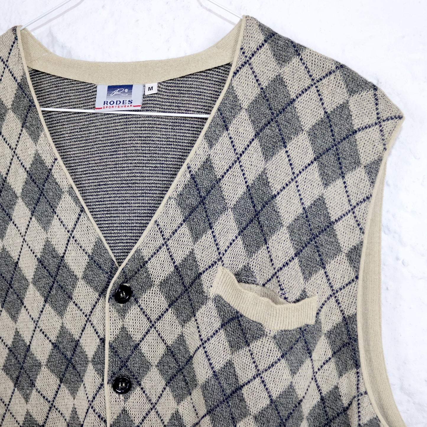 Vintage 80s 90s RODES sweater vest beige checked button row M