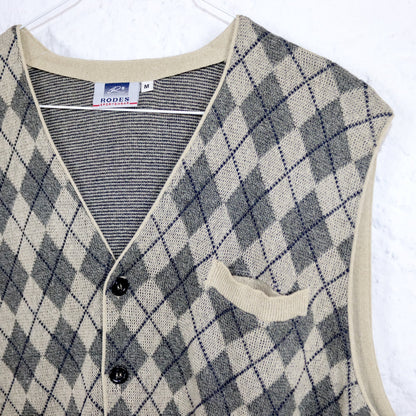 Vintage 80s 90s RODES sweater vest beige checked button row M