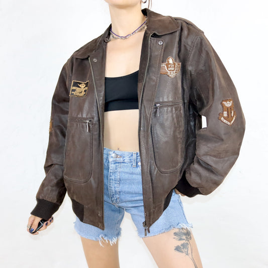 Vintage 80s 90s MONTES leather jacket biker jacket dark brown Army L