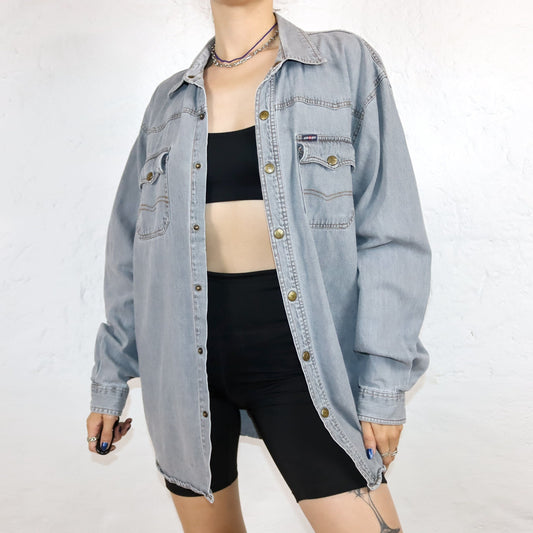 Vintage 80s 90s NEW BOY denim shirt long sleeve grey snap fasteners XXL