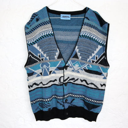 Vintage 80er 90er PROSPETIVA Weste Pullunder Cardigan Wolle gemustert crazy pattern 54 XL