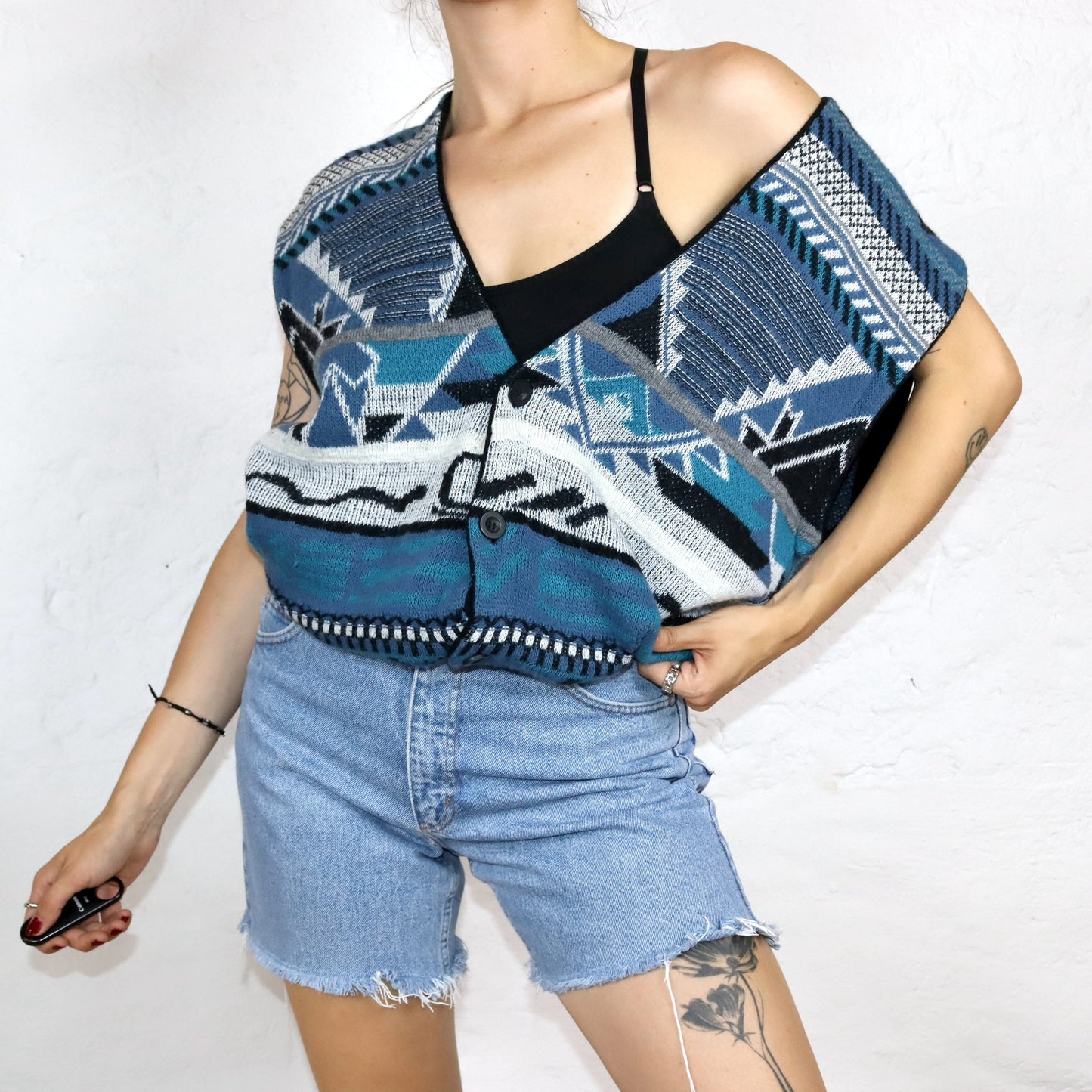 Vintage 80er 90er PROSPETIVA Weste Pullunder Cardigan Wolle gemustert crazy pattern 54 XL