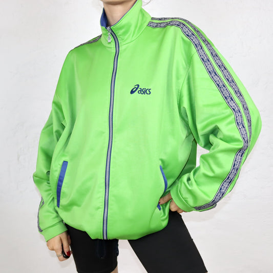 Vintage 80s 90s ASICS tracksuit jacket stand-up collar green dark blue XL