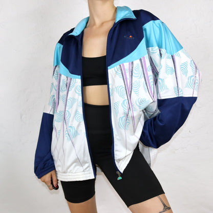 Vintage 80s 90s ELLESSE tracksuit jacket crazy pattern stand-up collar blue white XL