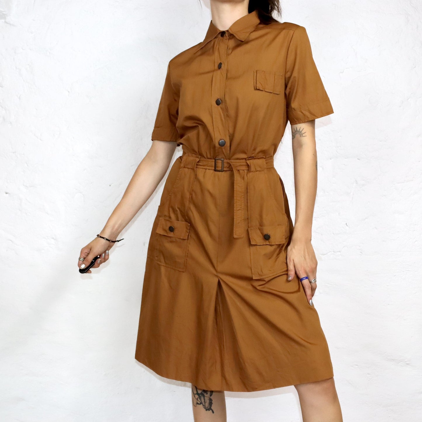 Vintage 80er 90er Midikleid Kleid kurzarm mit Gürtel Knopfreihe braun S/M