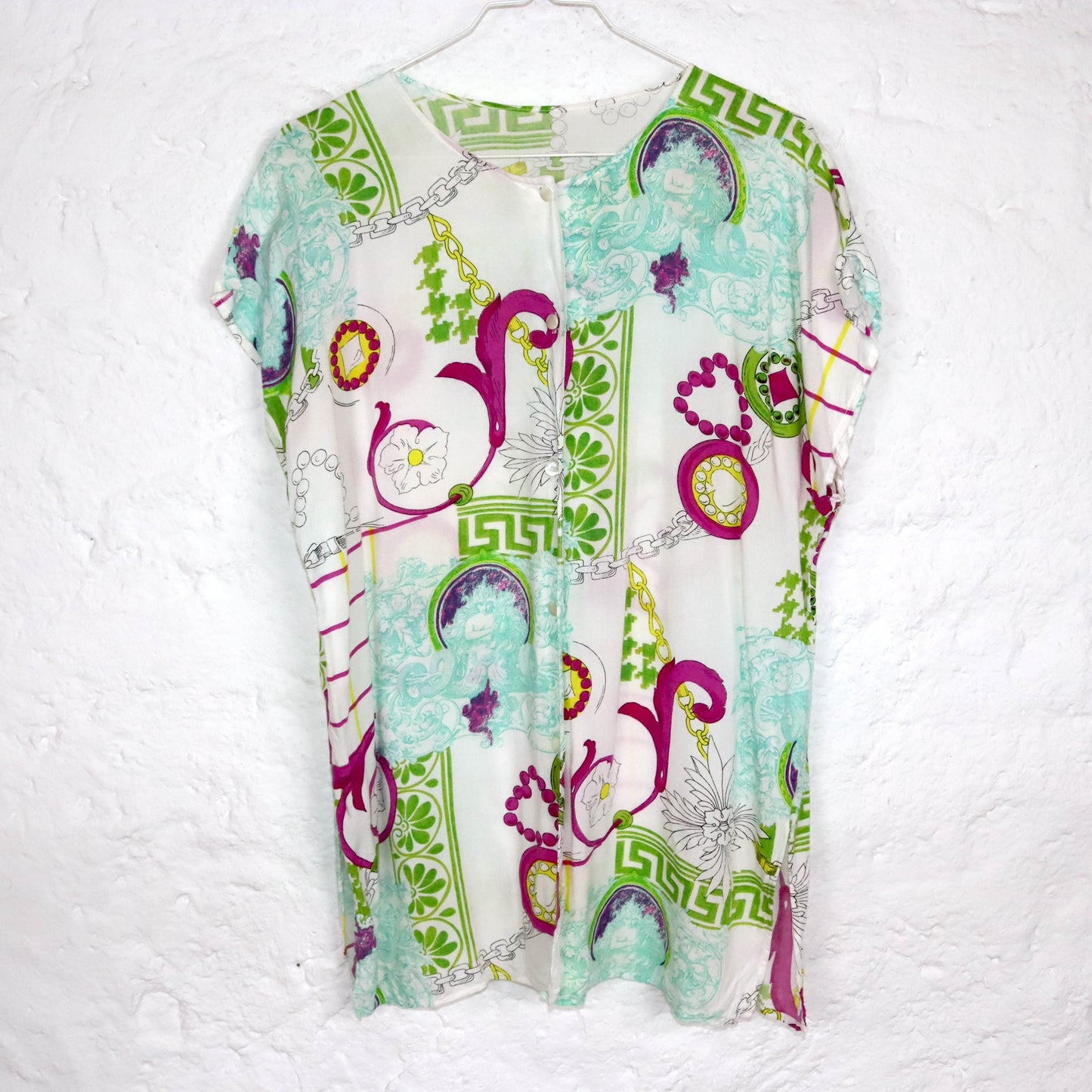 Vintage 80s 90s blouse short sleeve crazy pattern white colorful M