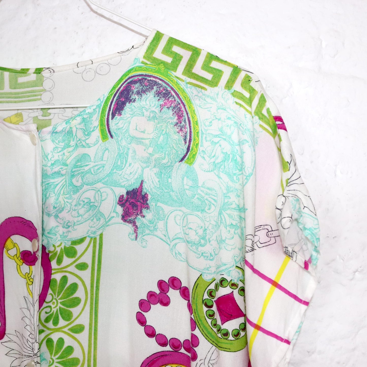 Vintage 80s 90s blouse short sleeve crazy pattern white colorful M