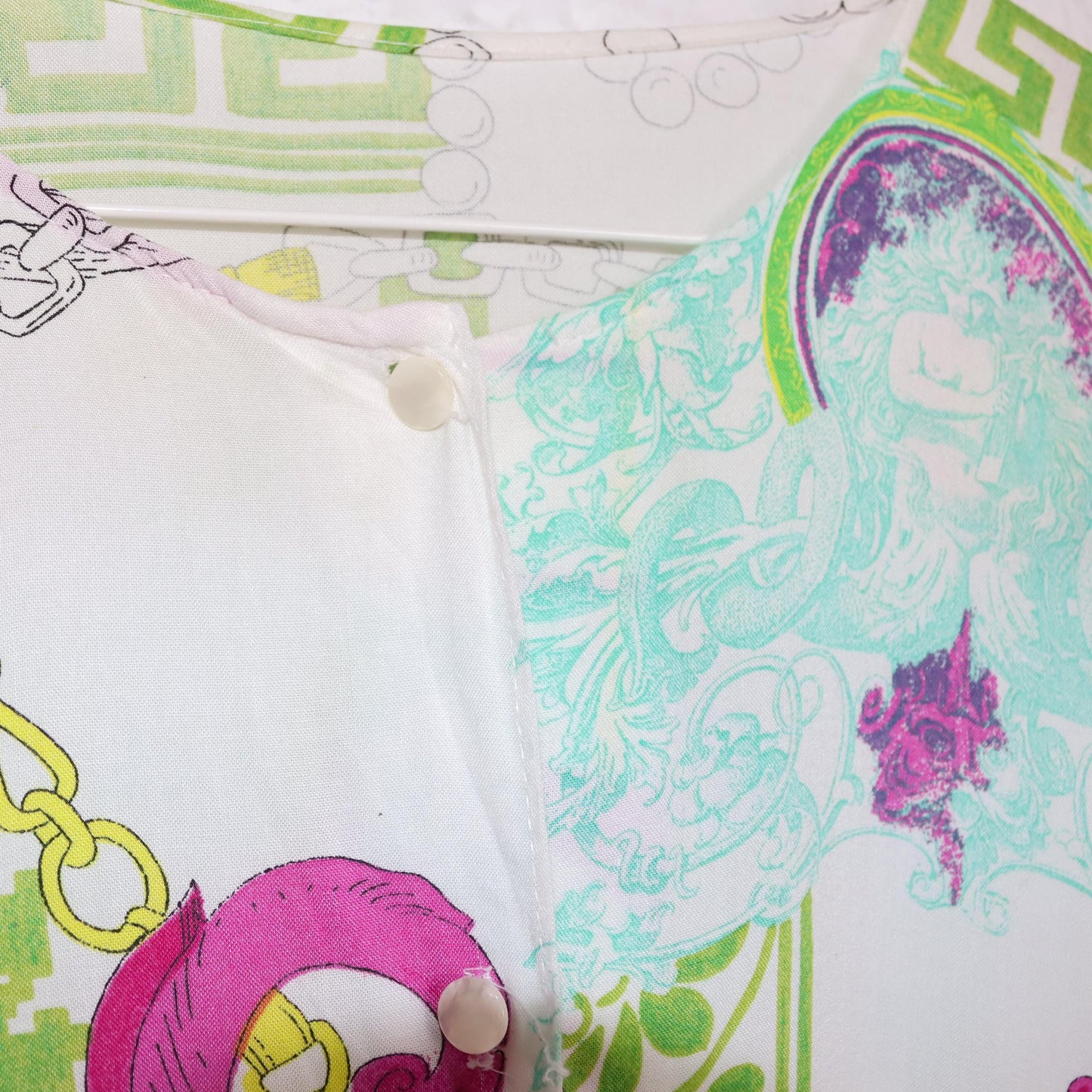 Vintage 80s 90s blouse short sleeve crazy pattern white colorful M