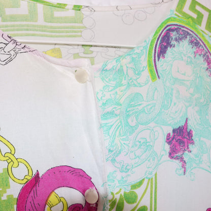 Vintage 80s 90s blouse short sleeve crazy pattern white colorful M