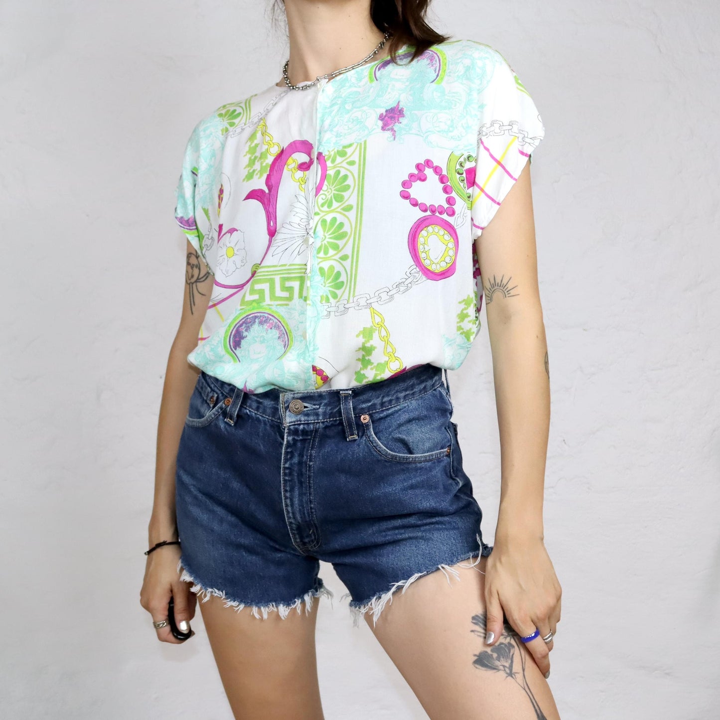Vintage 80s 90s blouse short sleeve crazy pattern white colorful M