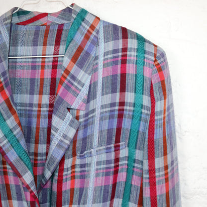 Vintage 80s 90s blazer linen checked colorful shoulder pads M