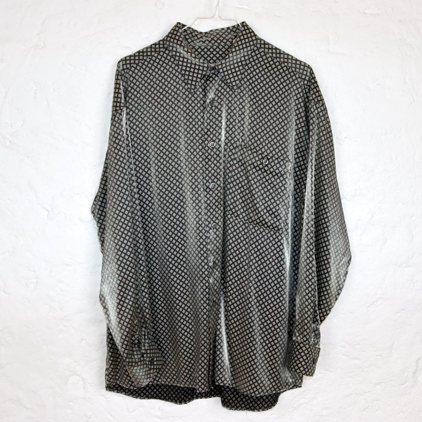 Vintage 80s 90s MIRTO shirt long sleeve crazy pattern shiny silver M