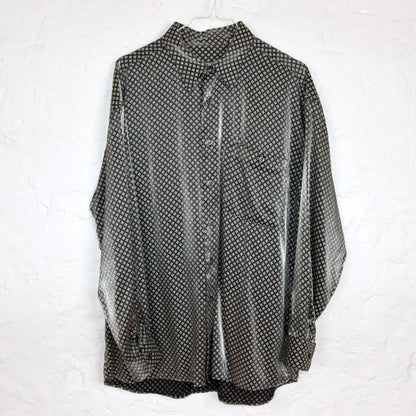 Vintage 80s 90s MIRTO shirt long sleeve crazy pattern shiny silver M