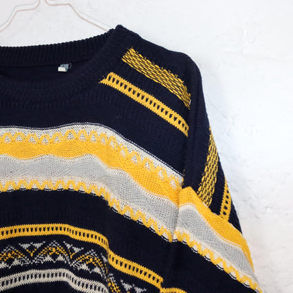 Vintage 80er 90er Coogi Style Pullover Strickpullover gemustert dunkelblau gelb L