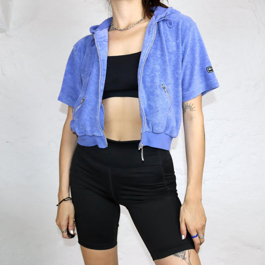 Vintage 80s 90s CHAMPION crop jacket short sleeve with hood terry cloth blue L