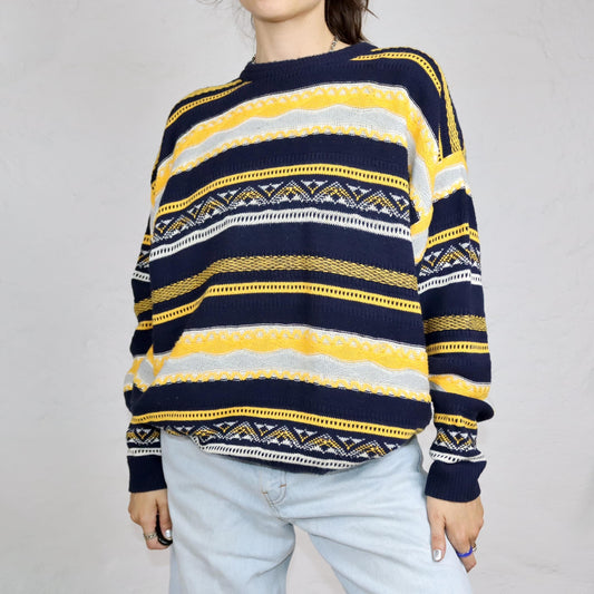 Vintage 80er 90er Coogi Style Pullover Strickpullover gemustert dunkelblau gelb L