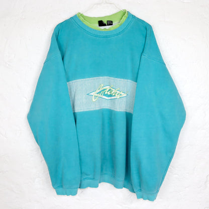 Vintage 80er 90er GOICHA Sweatshirt Pullover türkis blau gestreift Print L