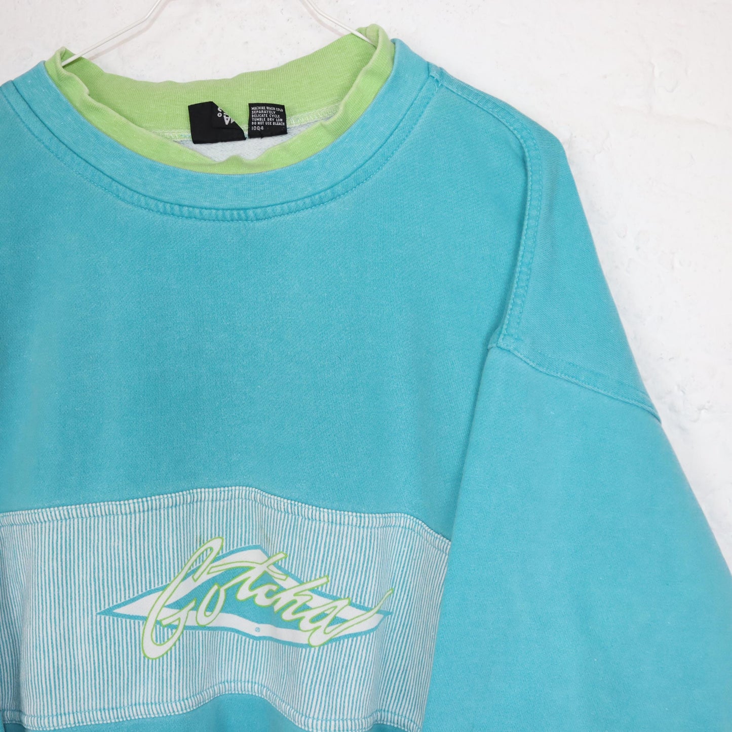 Vintage 80er 90er GOICHA Sweatshirt Pullover türkis blau gestreift Print L
