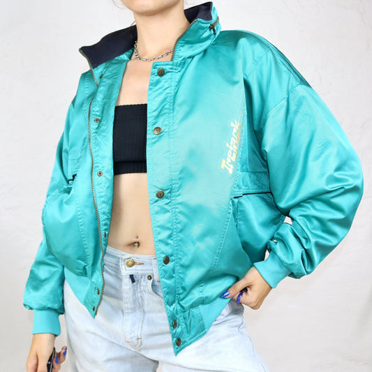 Vintage 80s 90s SUPER STAR thin jacket stand-up collar shiny turquoise M