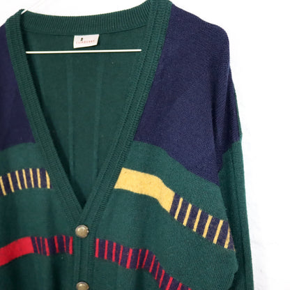 Vintage 80er 90er FAIRBANKS Cardigan Wollcardigan Wolle gemustert grün blau 52 L