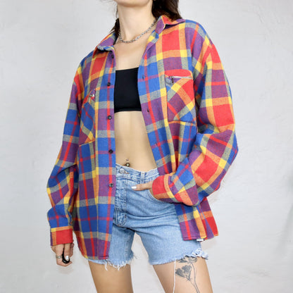 Vintage 80er 90er Flanellhemd langarm bunt Reißverschluss XL