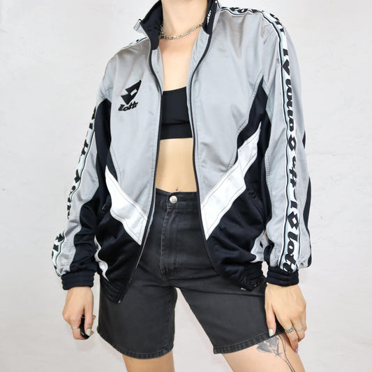 Vintage 80s 90s LOTTO tracksuit jacket stand-up collar black beige white M