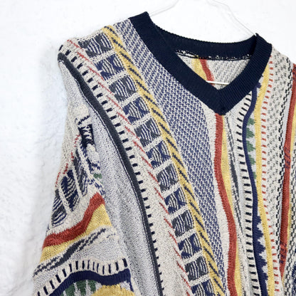 Vintage 80er 90er Coogi Style Pullover Strickpullover V-Ausschnitt bunt L