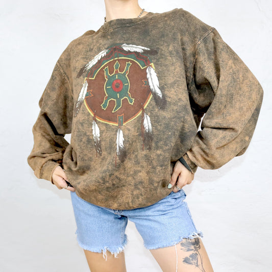 Vintage 80er 90er ONEITA Sweatshirt Pullover Batik Print braun M/L