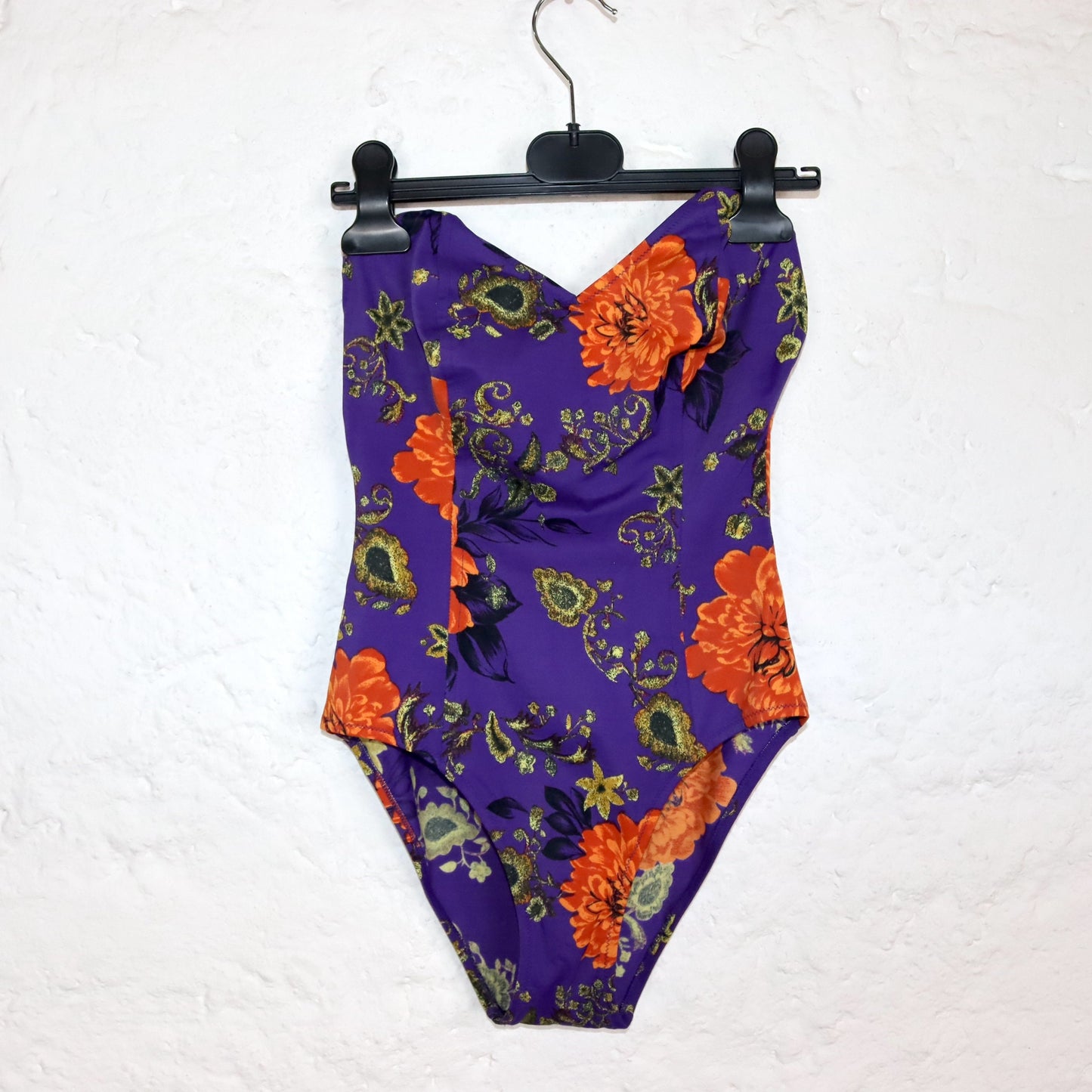 Vintage 80s 90s swimsuit body bandeau tube top crazy pattern floral pattern orange purple S/M