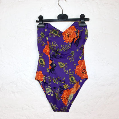 Vintage 80s 90s swimsuit body bandeau tube top crazy pattern floral pattern orange purple S/M