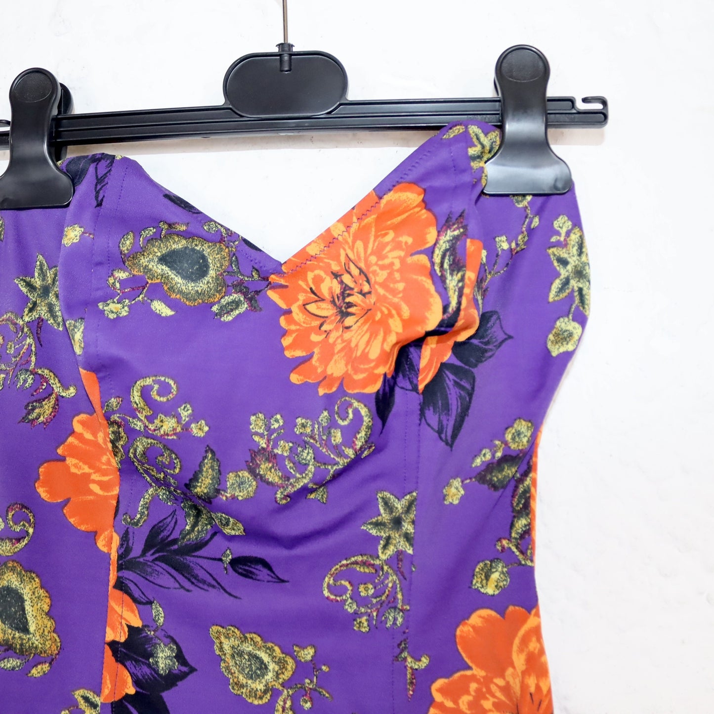 Vintage 80s 90s swimsuit body bandeau tube top crazy pattern floral pattern orange purple S/M