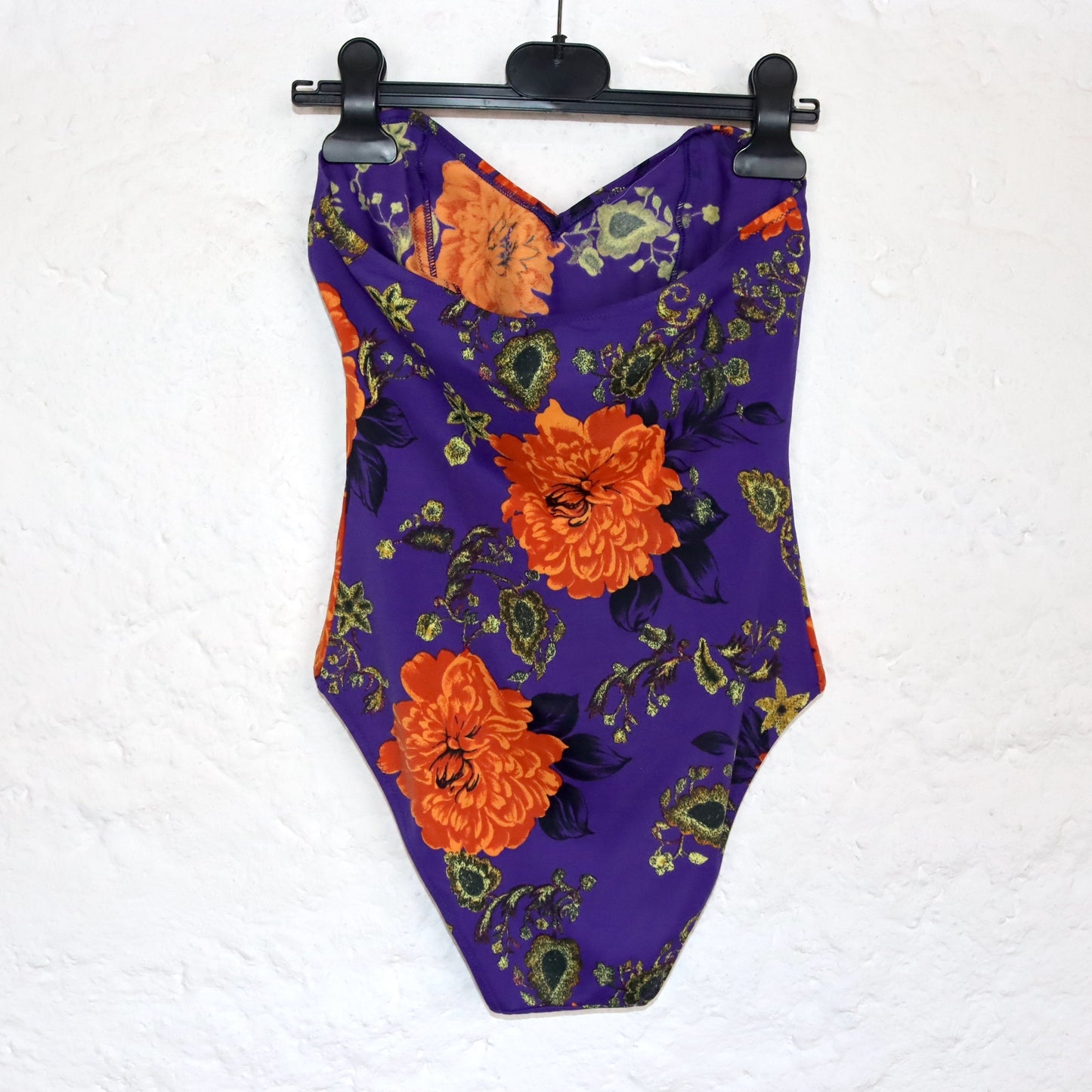Vintage 80s 90s swimsuit body bandeau tube top crazy pattern floral pattern orange purple S/M