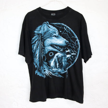 Vintage 80s 90s ROCKEAGLE T-Shirt Print Wolf Black Blue L