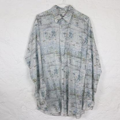 Vintage 80s 90s NEW FAST shirt long sleeve crazy pattern linen viscose M