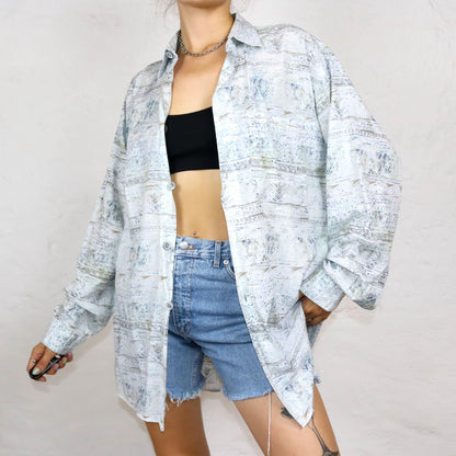 Vintage 80s 90s NEW FAST shirt long sleeve crazy pattern linen viscose M