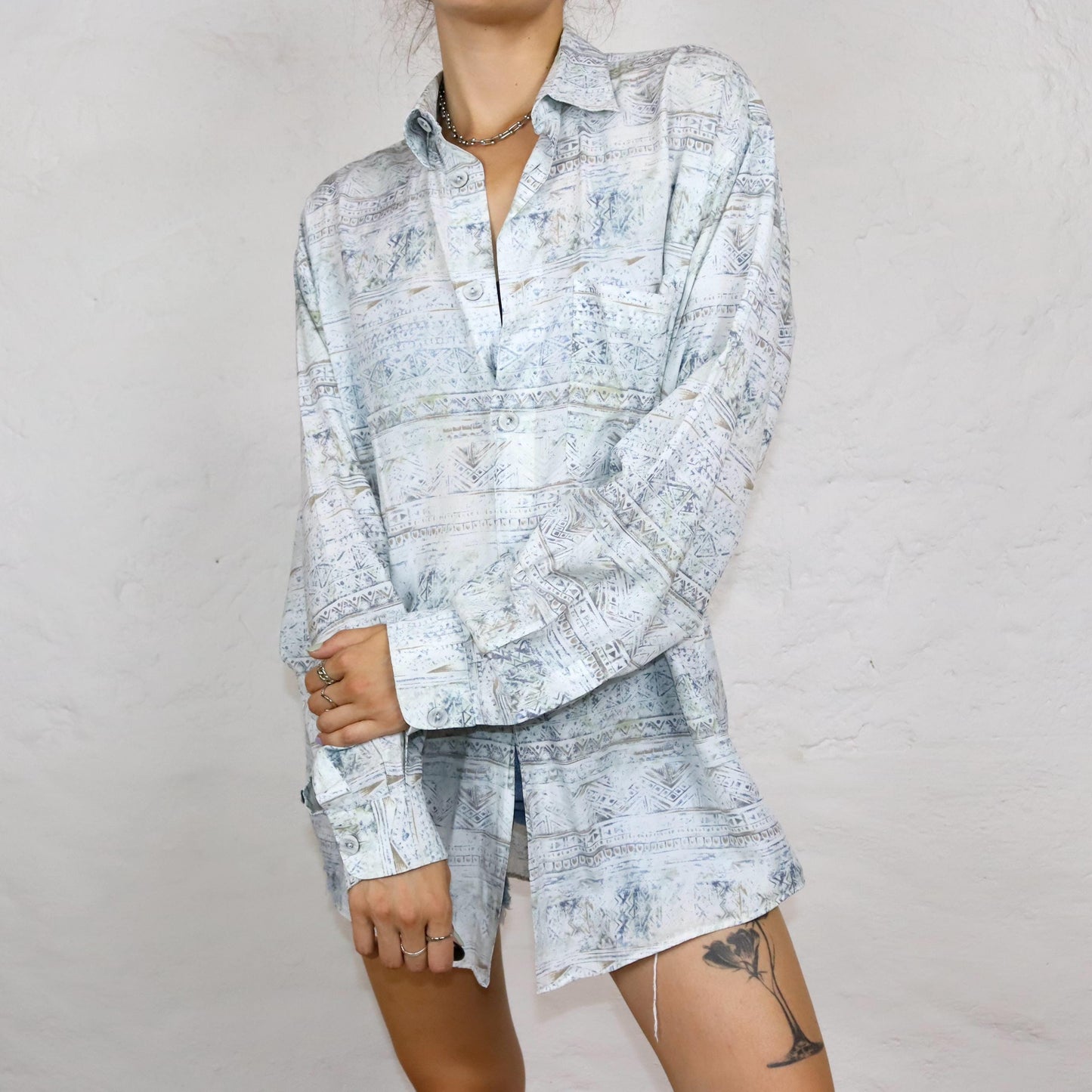 Vintage 80s 90s NEW FAST shirt long sleeve crazy pattern linen viscose M