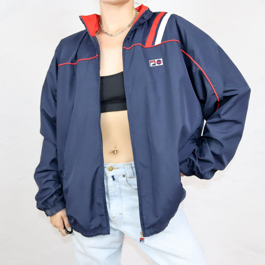 Vintage 80s 90s Y2k FILA tracksuit jacket dark blue red stand-up collar XL