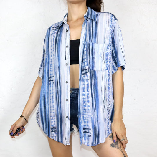 Vintage 80s 90s shirt short sleeve batik crazy pattern blue white L