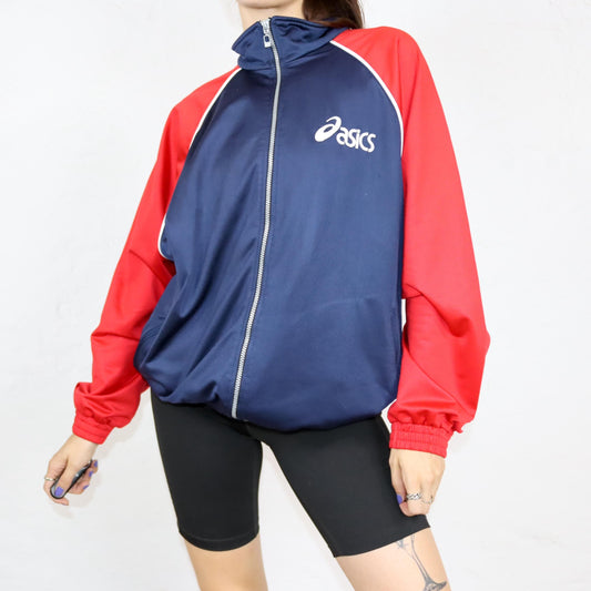 Vintage 80s 90s ASICS tracksuit jacket stand-up collar dark blue red L