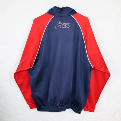 Vintage 80s 90s ASICS tracksuit jacket stand-up collar dark blue red L