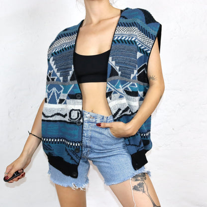 Vintage 80er 90er PROSPETIVA Weste Pullunder Cardigan Wolle gemustert crazy pattern 54 XL