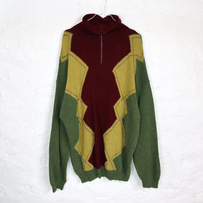 Vintage 80er 90er ENRICO COVERI Wollpullover Wolle Pullover Rollkragen Stehkragen kariert grün rot gelb XL
