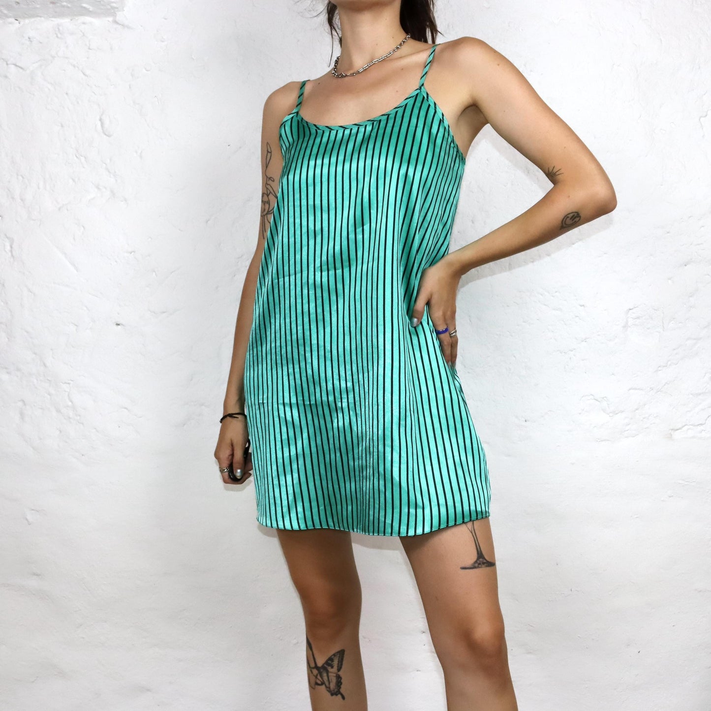 Vintage 80er 90er BM INTIMENTS Minikleid Kleid Satin türkis schwarz gestreift M