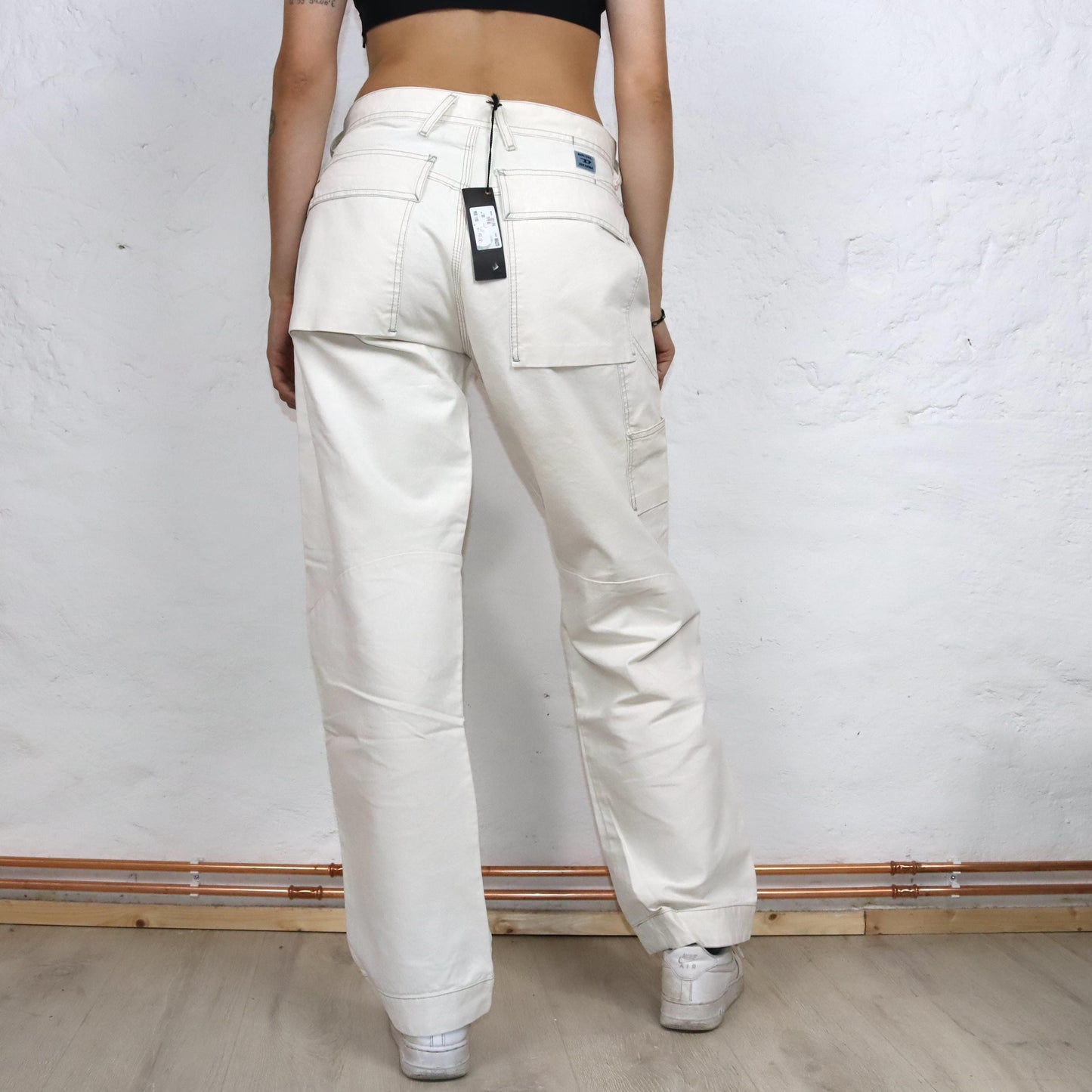 Vintage 90s 00s Y2k DIESEL baggy pants wide leg cargo pants cream white W30