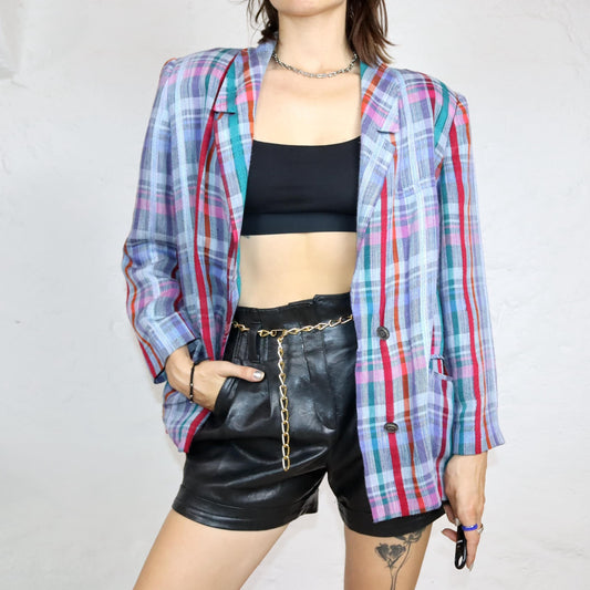 Vintage 80s 90s blazer linen checked colorful shoulder pads M