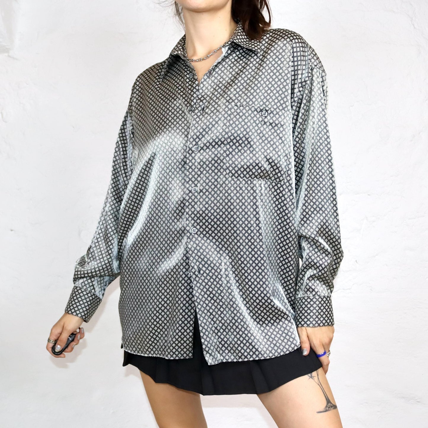 Vintage 80s 90s MIRTO shirt long sleeve crazy pattern shiny silver M