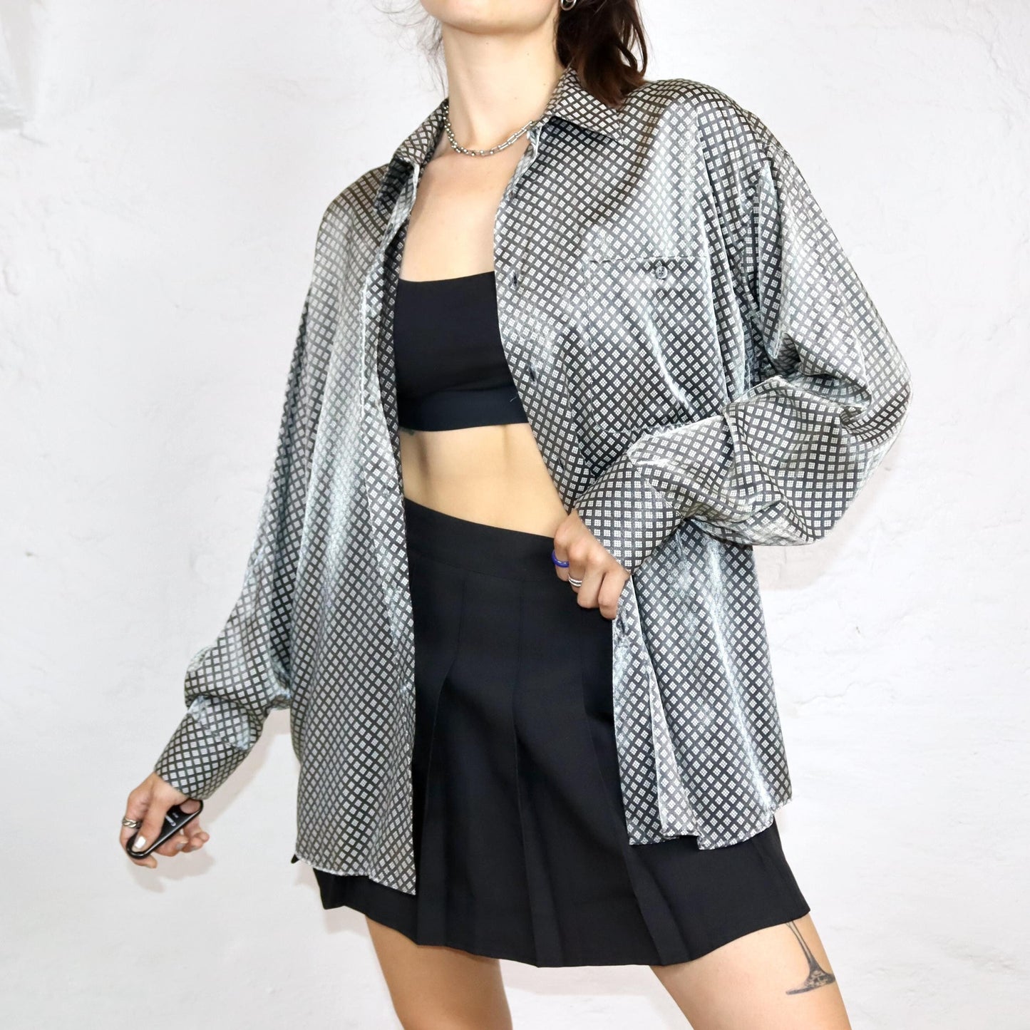 Vintage 80s 90s MIRTO shirt long sleeve crazy pattern shiny silver M