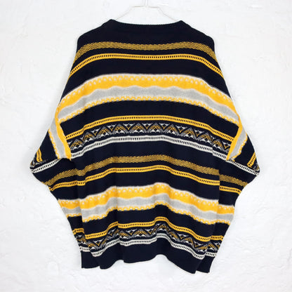 Vintage 80er 90er Coogi Style Pullover Strickpullover gemustert dunkelblau gelb L